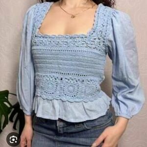 American Eagle AE Crochet Smocked Blouse Women's Blue M Cottagecore Bohemian Top